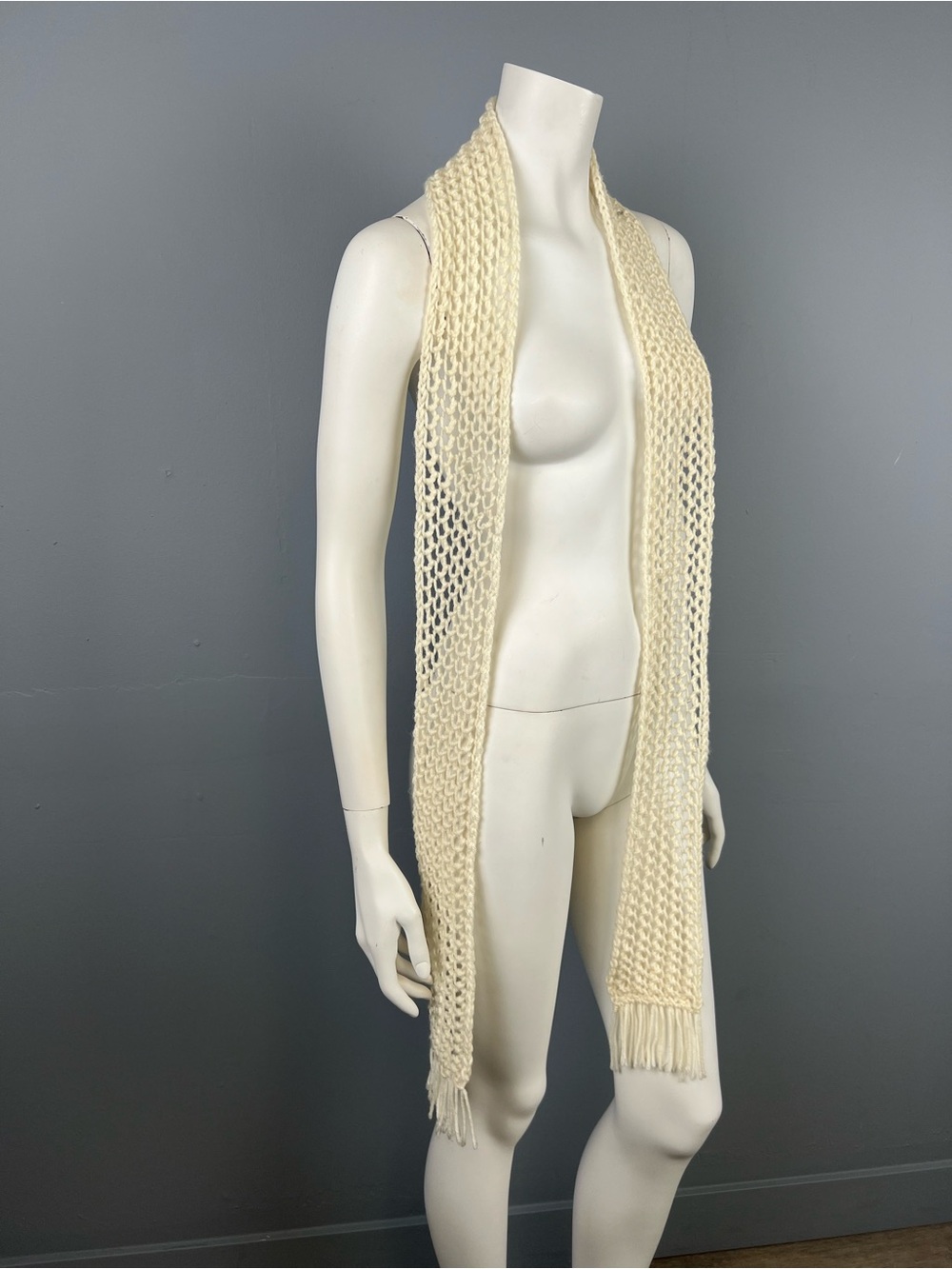Cream Open-Knit Fringe Scarf Sweater
